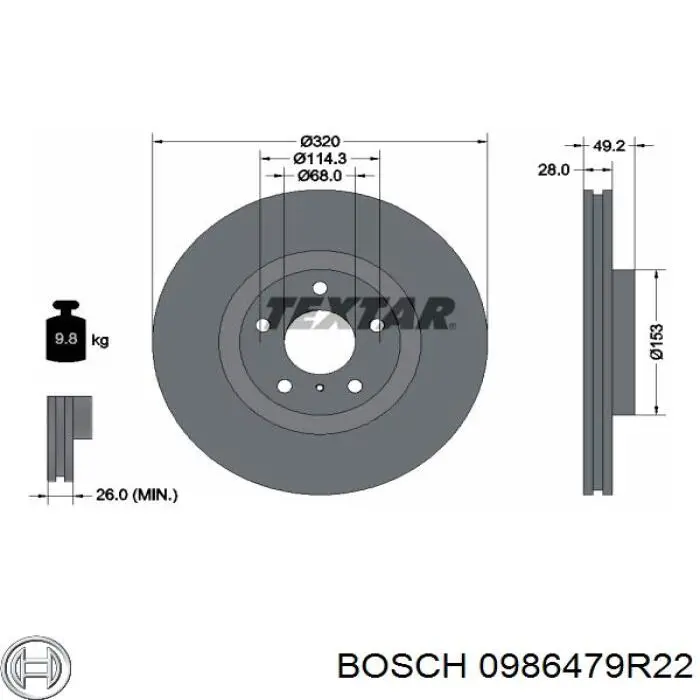 0986479R22 Bosch disco de freno delantero