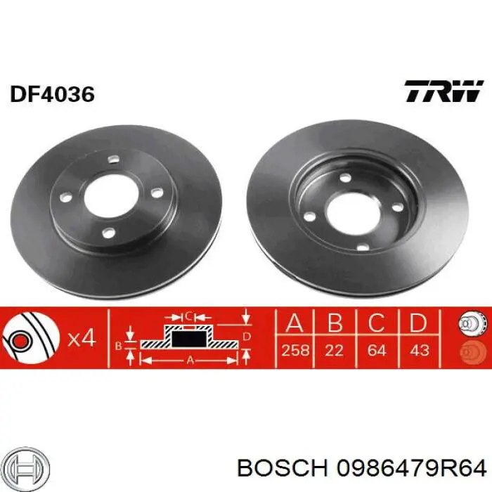 0986479R64 Bosch disco de freno delantero