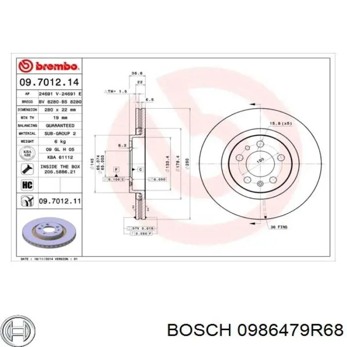 Disco de freno 0986479R68 Bosch