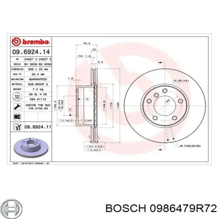 0986479R72 Bosch disco de freno delantero