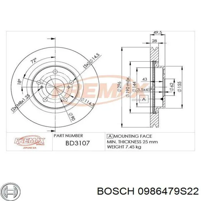 Disco de freno 0986479S22 Bosch