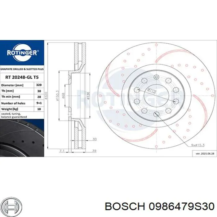 Disco de freno 0986479S30 Bosch