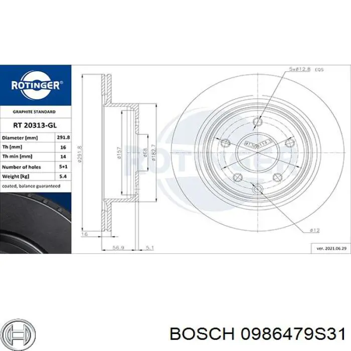 Comprar 0986479S31 Bosch Disco de freno trasero