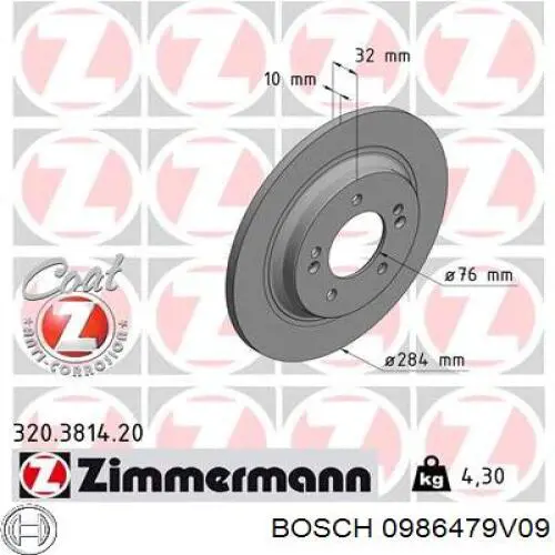 Disco de freno trasero 0986479V09 Bosch