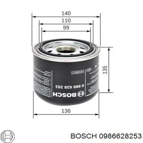0986628253 Bosch filtro del secador de aire (separador de agua y aceite (CAMIÓN))