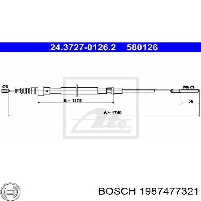 1987477321 Bosch cable de freno de mano trasero derecho/izquierdo