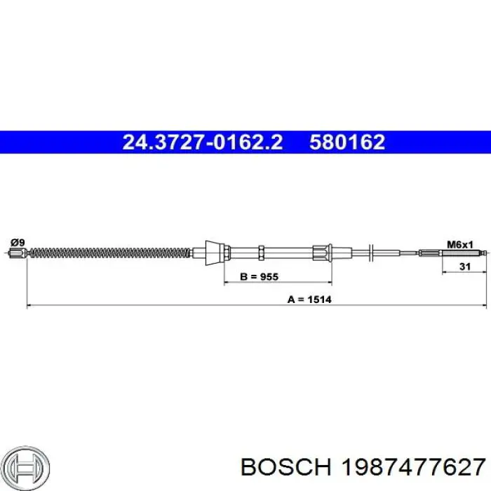 1987477627 Bosch cable de freno de mano trasero derecho/izquierdo