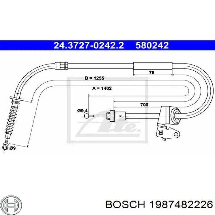 1987482226 Bosch cable de freno de mano trasero derecho