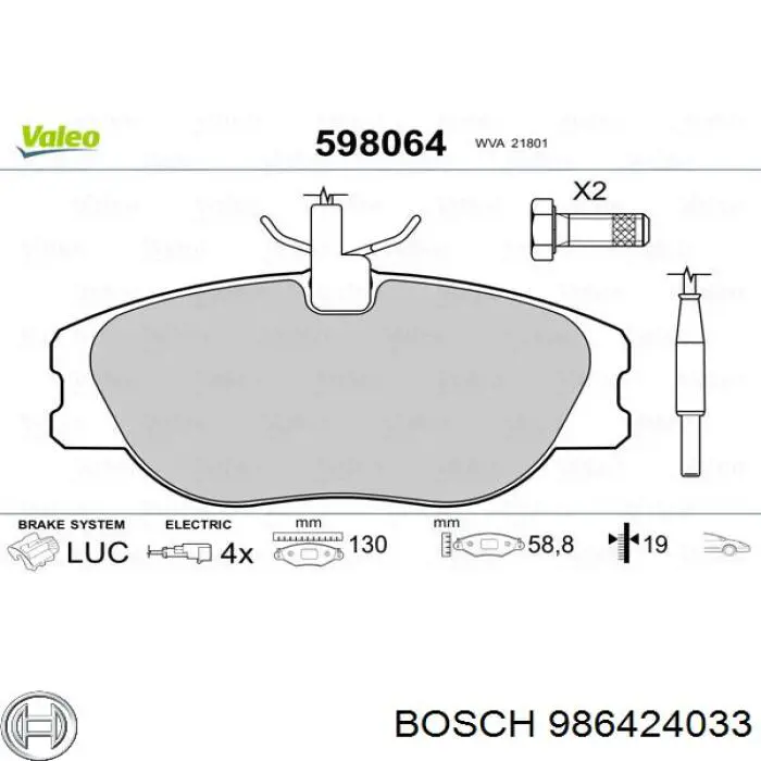 986424033 Bosch Pastillas delanteras