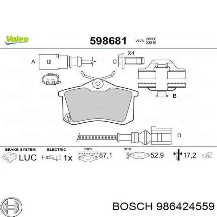 986424559 Bosch pastillas de freno traseras