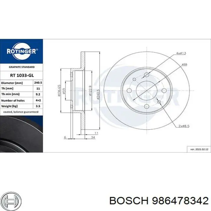 986478342 Bosch disco de freno trasero