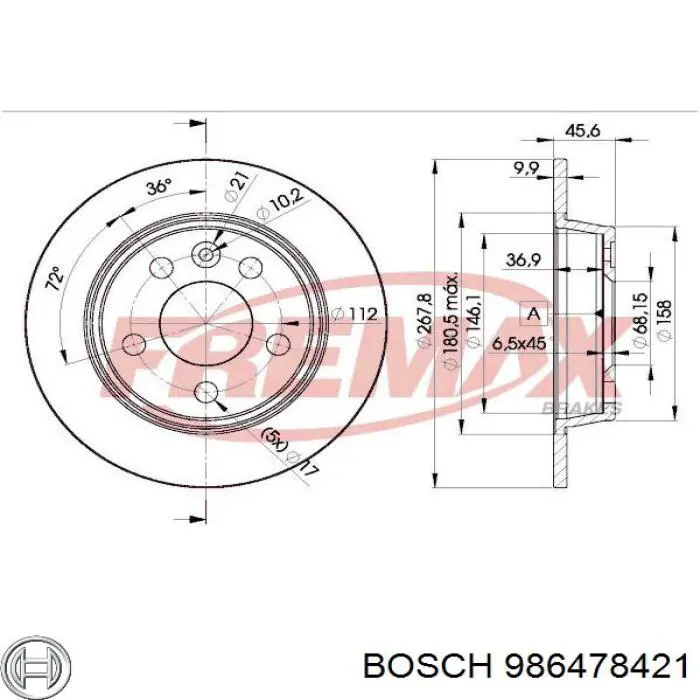 986478421 Bosch disco de freno trasero