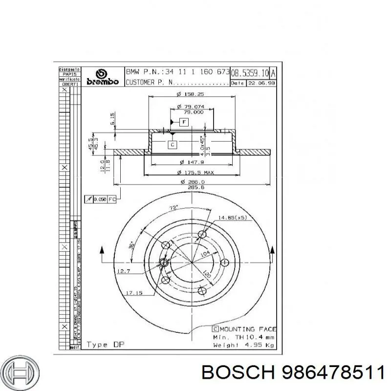 986478511 Bosch disco de freno delantero
