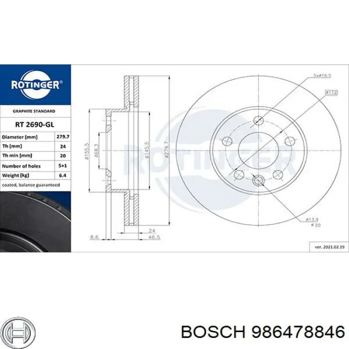 986478846 Bosch disco de freno delantero
