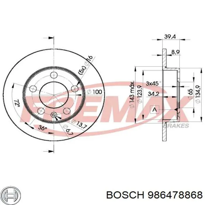 986478868 Bosch Freno de disco trasero