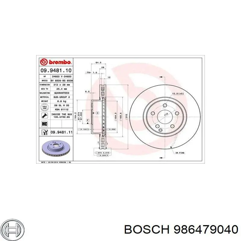 986479040 Bosch disco de freno delantero