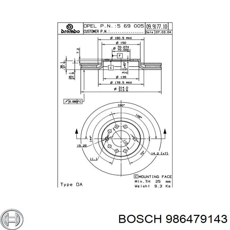 986479143 Bosch freno de disco delantero