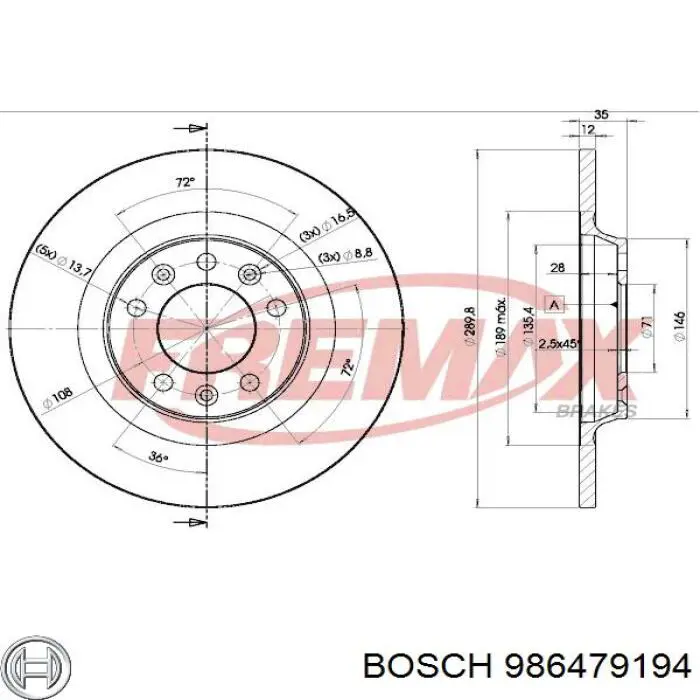 986479194 Bosch disco de freno trasero