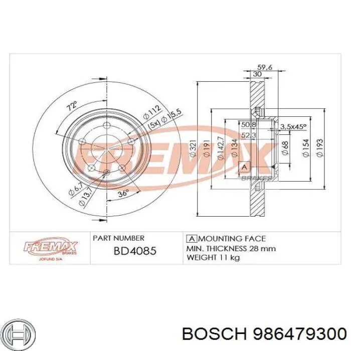 986479300 Bosch disco de freno delantero