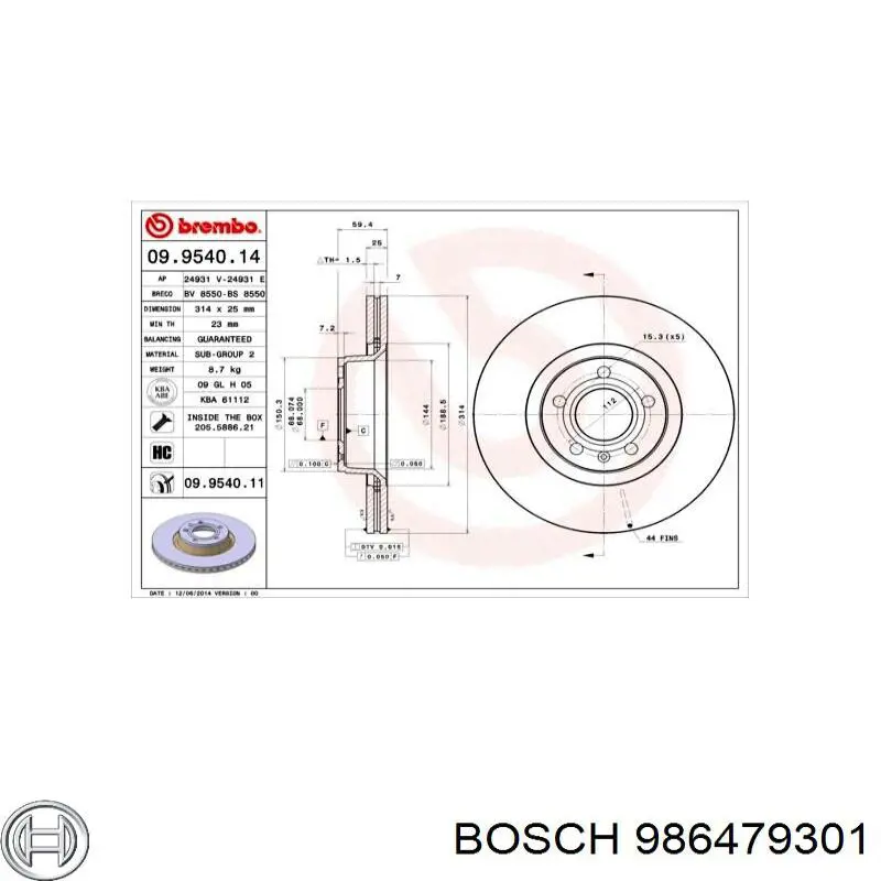 986479301 Bosch disco de freno delantero