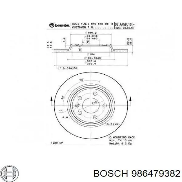 Disco de freno trasero 986479382 Bosch