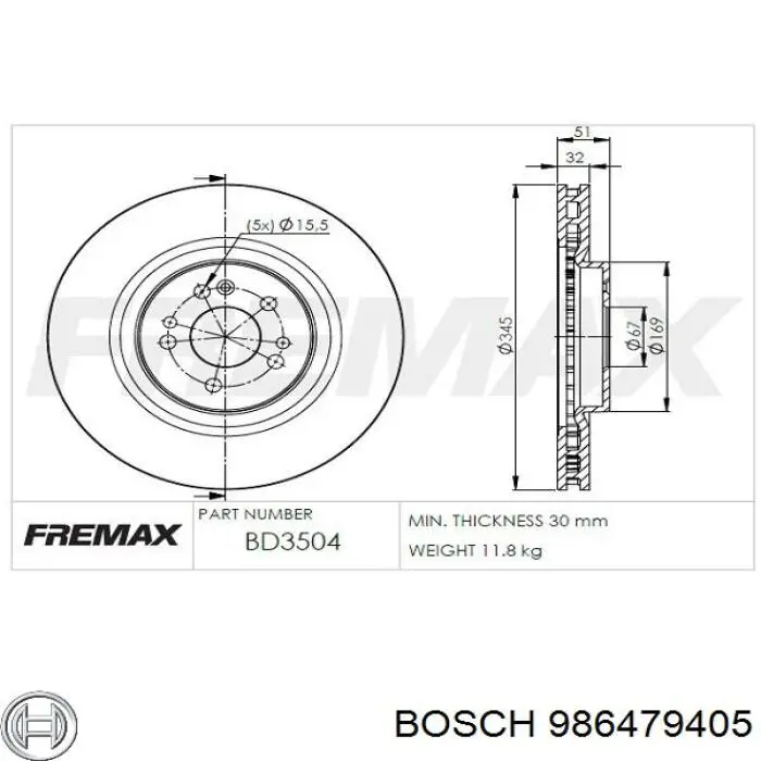 986479405 Bosch freno de disco delantero