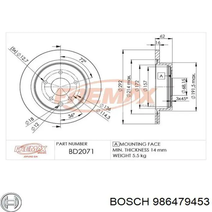 986479453 Bosch disco de freno trasero