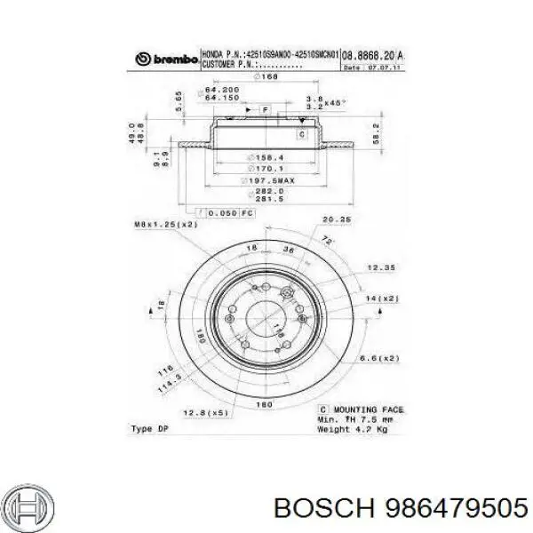 986479505 Bosch disco de freno trasero