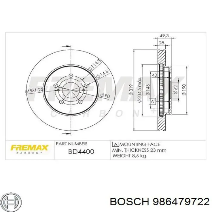 986479722 Bosch freno de disco delantero