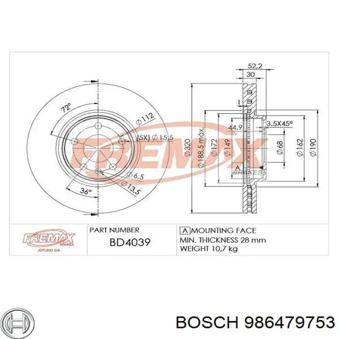 986479753 Bosch disco de freno delantero