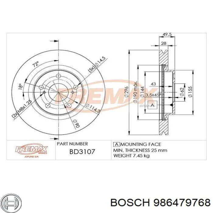 986479768 Bosch disco de freno delantero