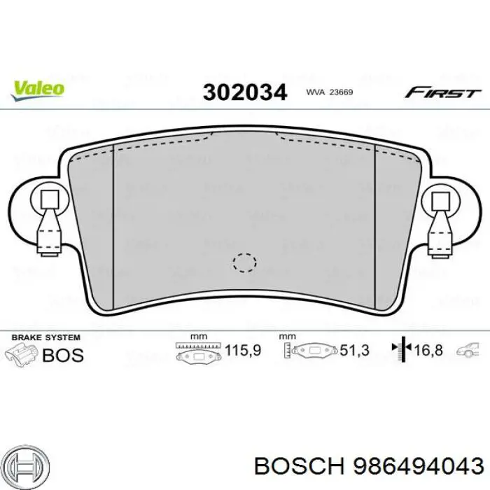 986494043 Bosch Pastillas freno traseras