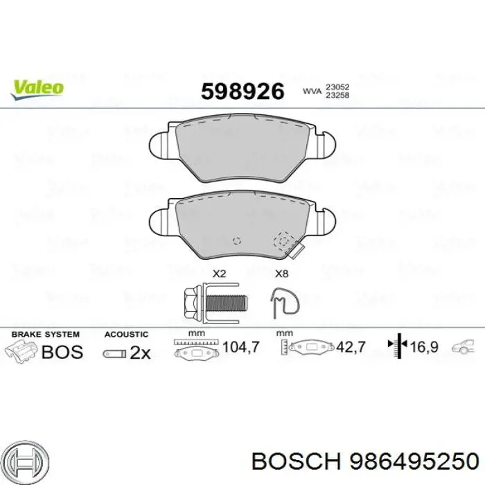 986495250 Bosch pastillas de freno traseras