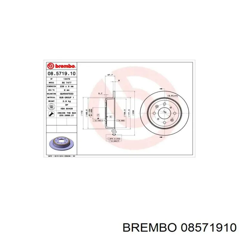 Disco de freno trasero 08571910 Brembo