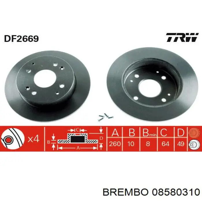 Disco de freno trasero 08580310 Brembo