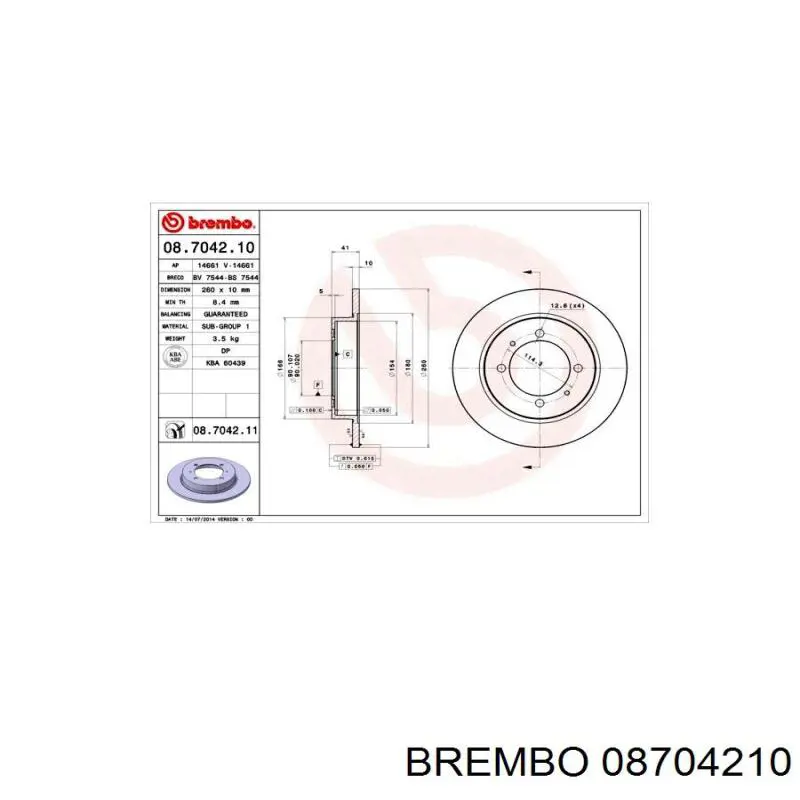 Disco de freno trasero 08704210 Brembo