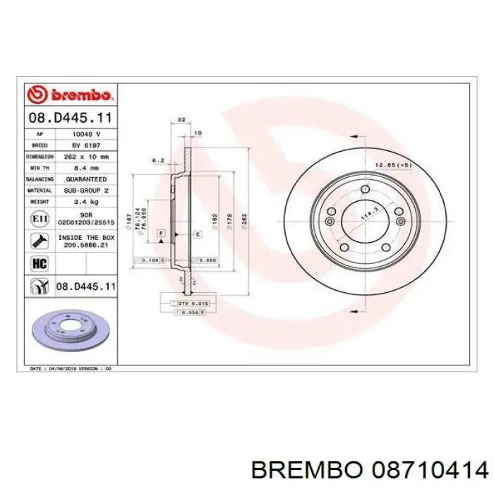Disco de freno trasero 08710414 Brembo