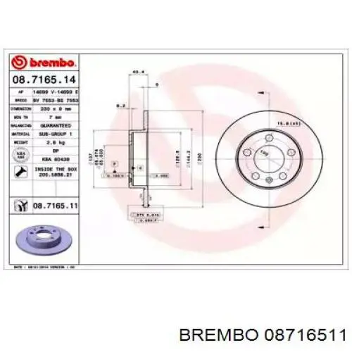 Comprar 08716511 Brembo Disco de freno trasero