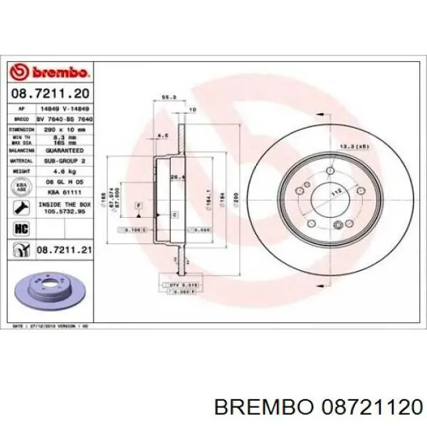 Disco de freno trasero 08721120 Brembo