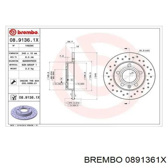 0891361X Brembo disco de freno trasero