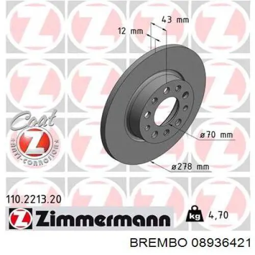 Comprar 08936421 Brembo Disco de freno trasero