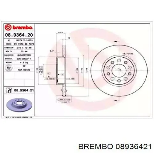 Disco de freno trasero 08936421 Brembo