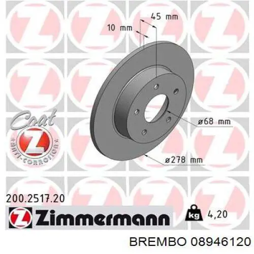 Disco de freno trasero 08946120 Brembo