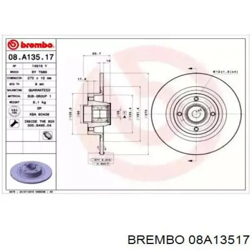 Disco de freno trasero 08A13517 Brembo