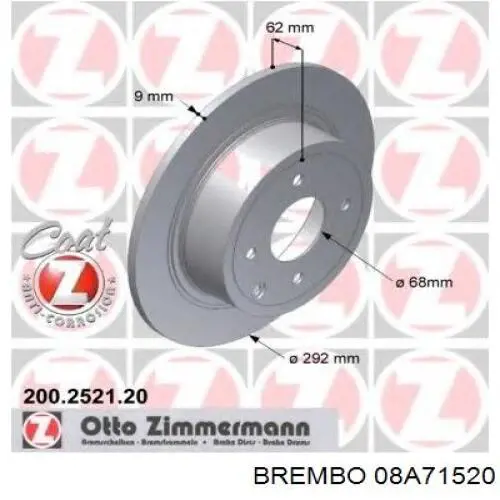 Disco de freno trasero 08A71520 Brembo