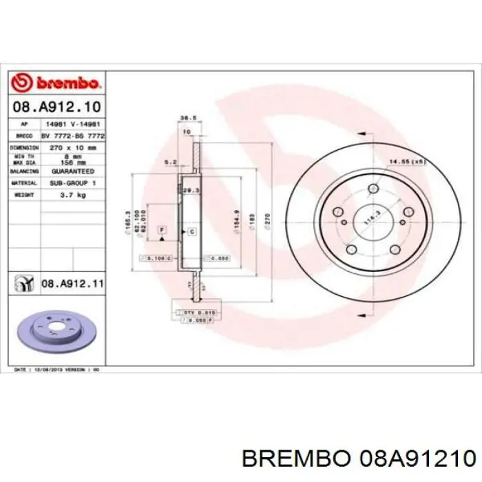 Disco de freno trasero Toyota Auris E15