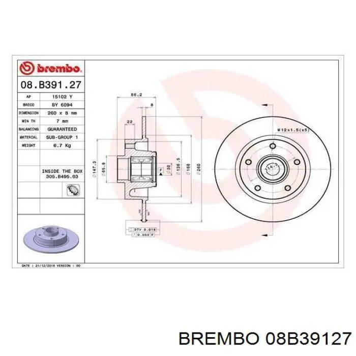 08.B391.27 Brembo disco de freno trasero