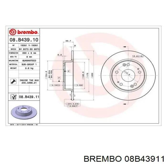 08B43911 Brembo disco de freno trasero