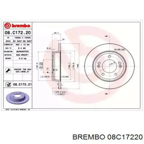 Disco de freno trasero 08C17220 Brembo