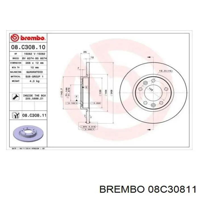 Disco de freno trasero Brembo 08C30811 precio, desde 40,66 EUR